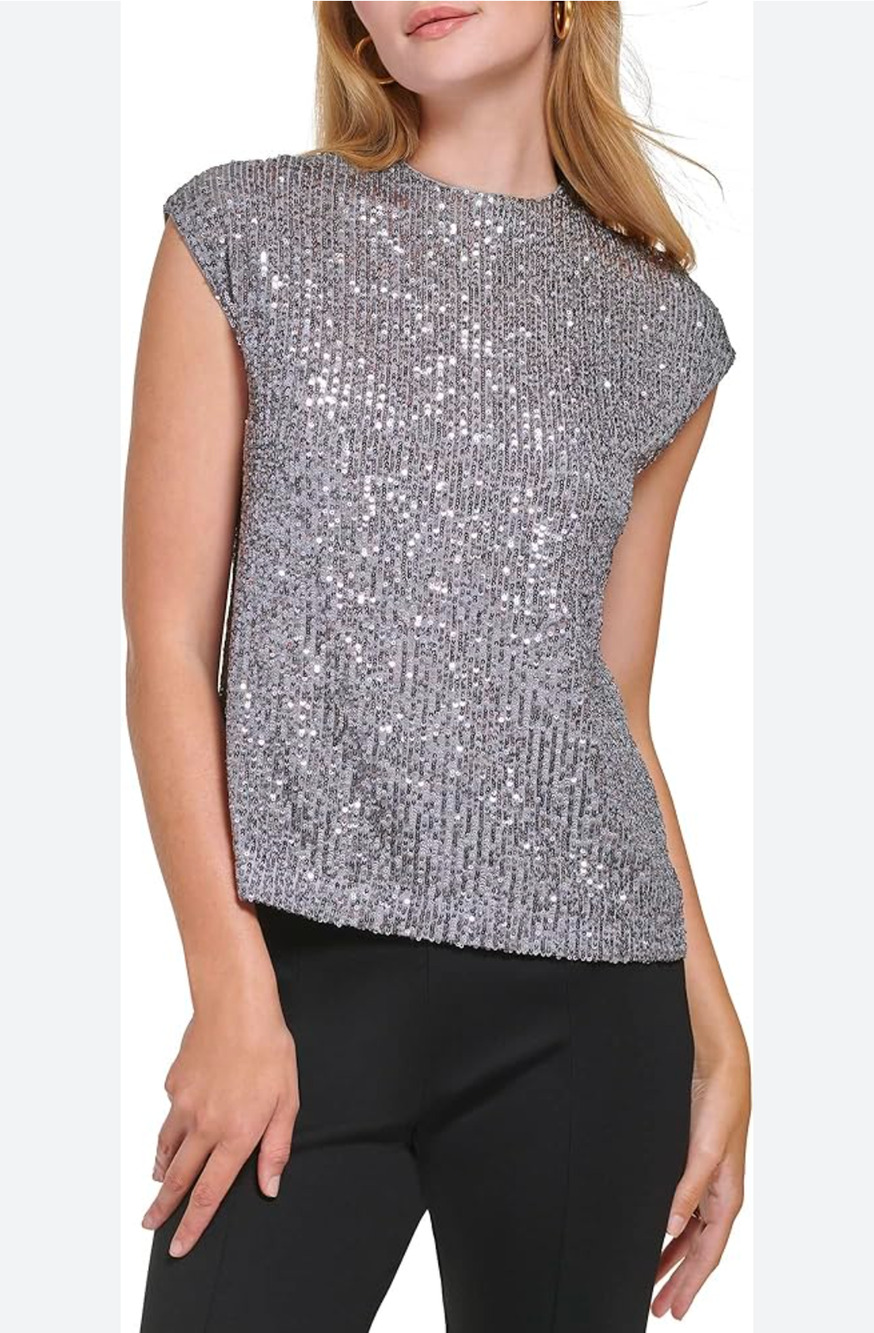 Calvin Klein Sequin Top Womens XL Gray Crew Neck Cap Sleeve Old Money Glam
